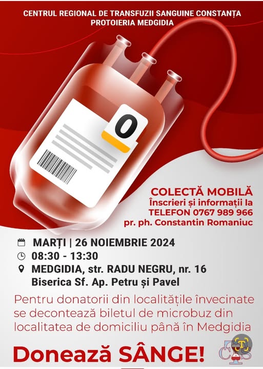 Afișul colectei mobile de sânge programate la Medgidia în 26 noiembrie 2024