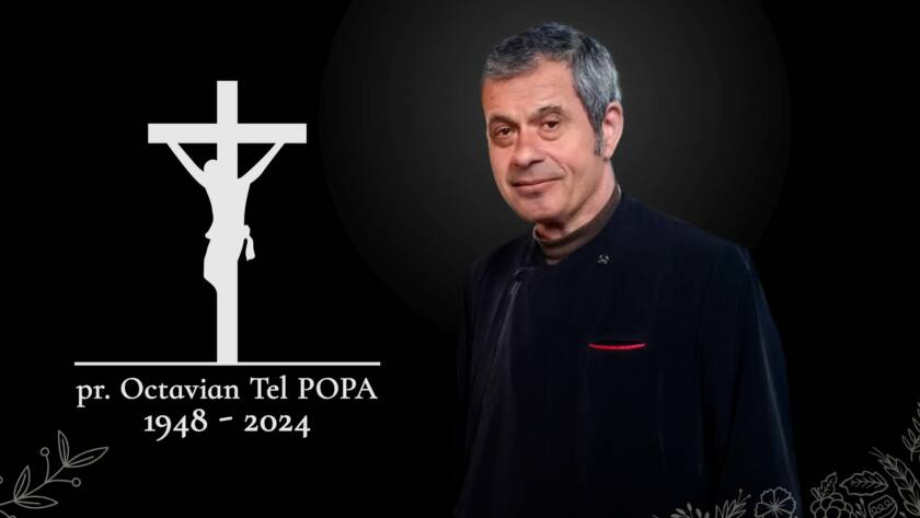 Portretul părintelui Octavian Tel Popa (1948–2024), alături de o cruce cu Mântuitorul răstignit, pe fundal negru