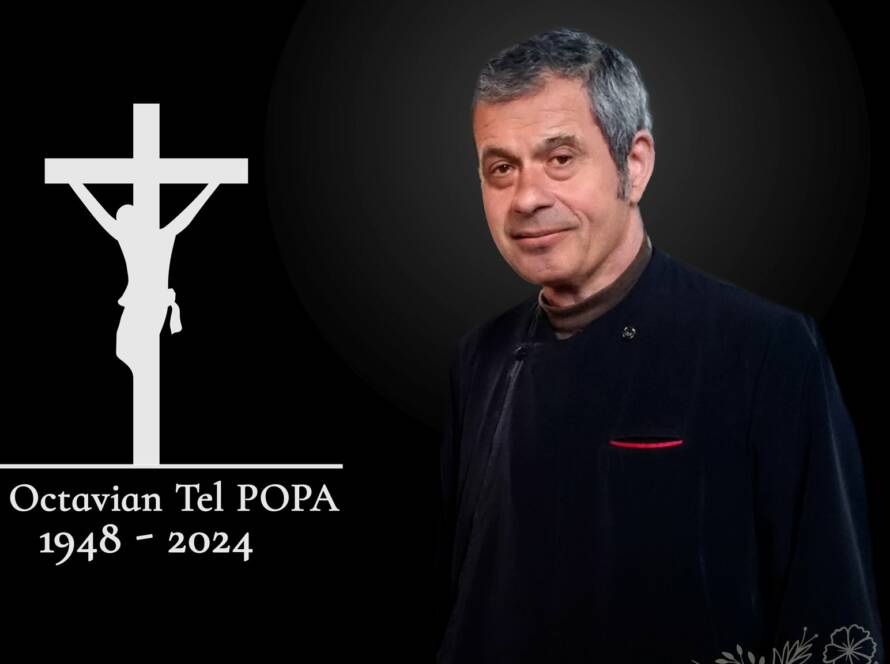 Portretul părintelui Octavian Tel Popa (1948–2024), alături de o cruce cu Mântuitorul răstignit, pe fundal negru